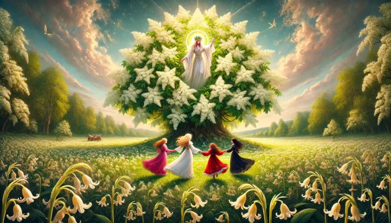Mit der Kraft des Holunders wirksam gegen Grippe und Erkältung 1 DALL·E 2024 11 20 15.58.28 A vibrant spring meadow covered in blooming cowslips and lush greenery. At the center stands a magnificent large elderflower bush Sambucus nigra in